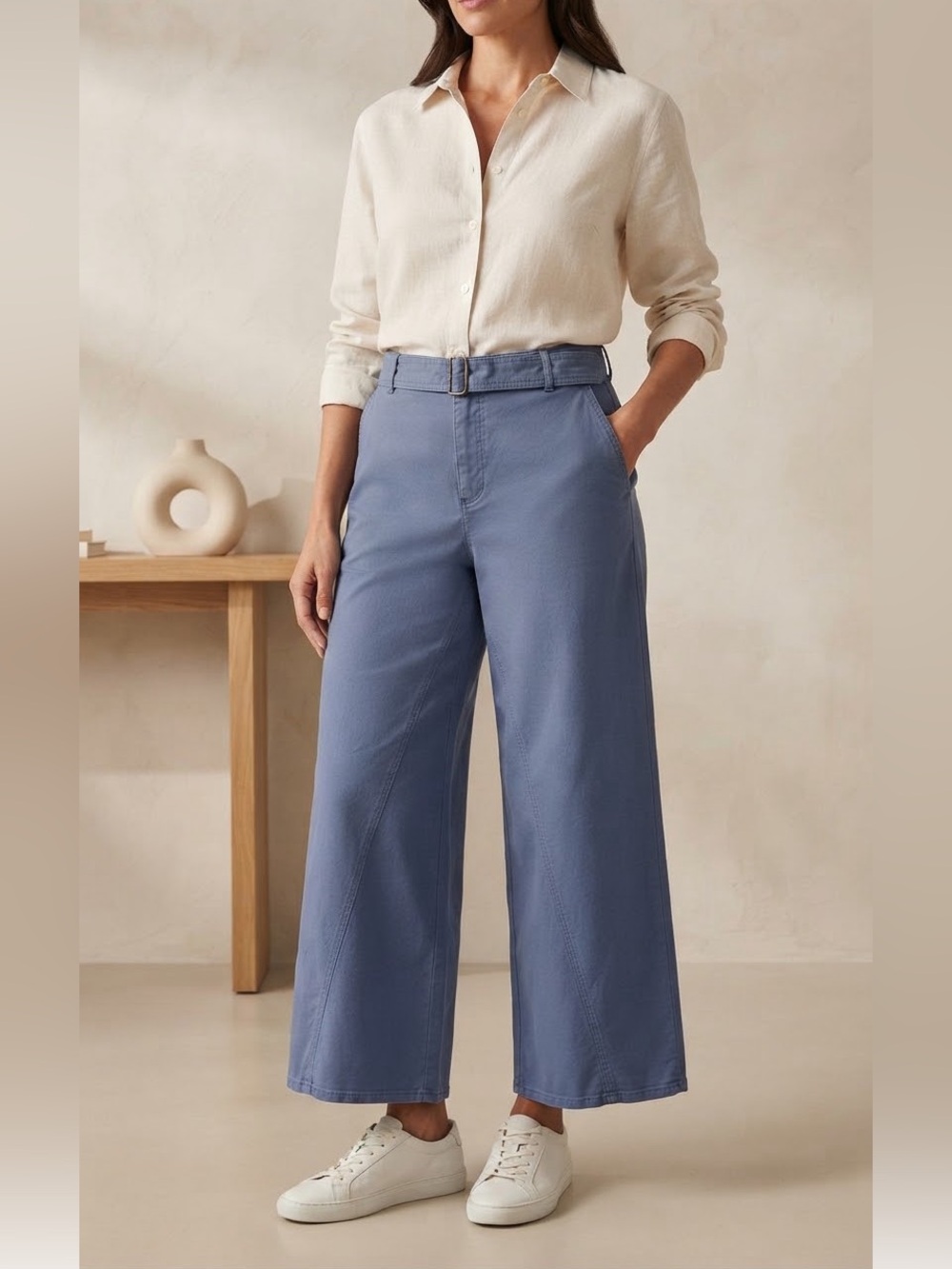 LOFT Blue Belted Wide Leg Pants High Rise Seam Detail Casual Trouser 12P